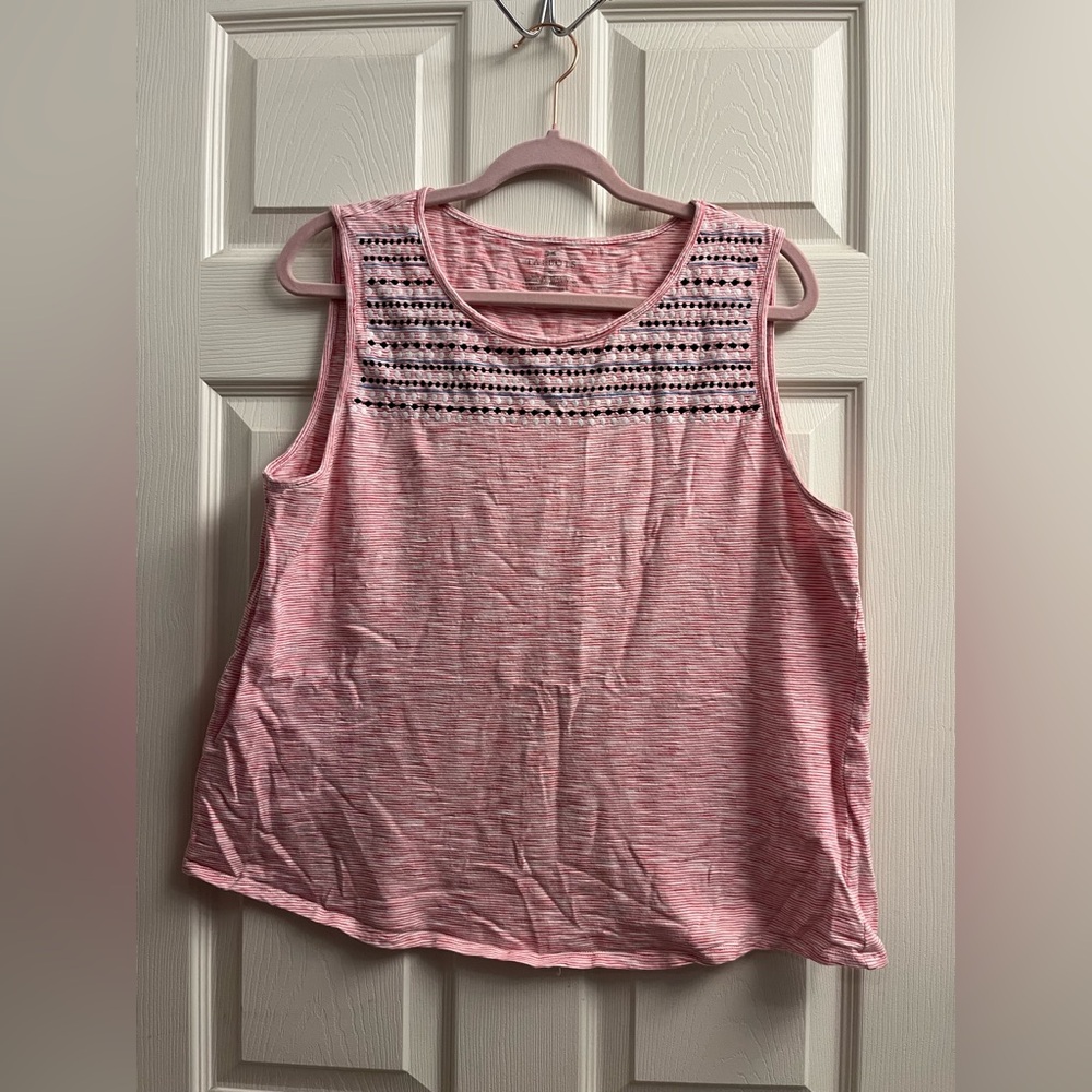 Talbots Women’s Pink Striped Tank Top with Blue & White Embroidery XLarge